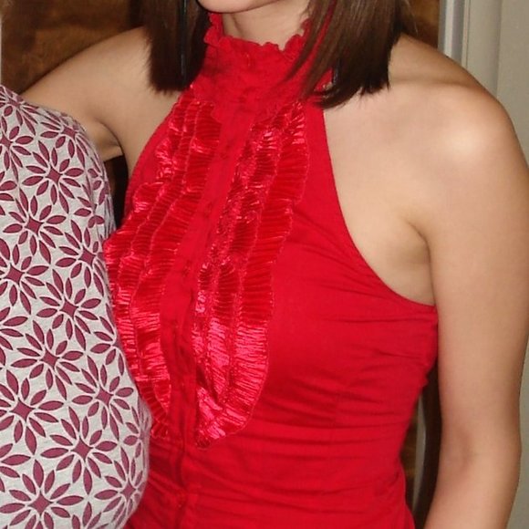 Fabulous Vivid Red Ruffled Button-Front Halter Top - Size XS - Vintage Piece! - Picture 3 of 16